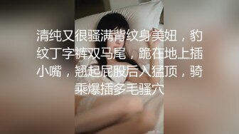 清纯又很骚满背纹身美妞，豹纹丁字裤双马尾，跪在地上插小嘴，翘起屁股后入猛顶，骑乘爆插多毛骚穴